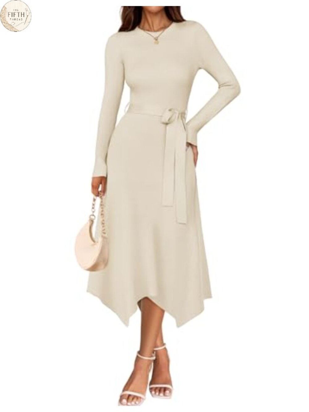Long Sleeve Sweater Midi Dress A-Line Self-Tie Waist Wedding Guest